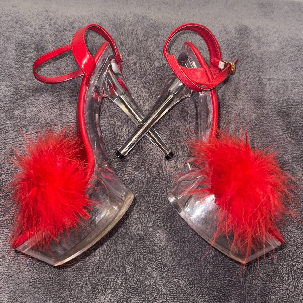 Red Feather Toed Clear Platform PoleDancing/Stripper Women’s Heels | S:9 | $69